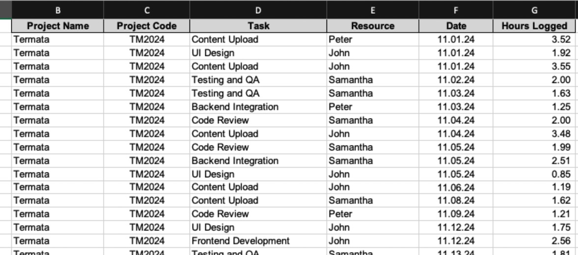 Raw data from the time tracking system showing logged hours. The data will be aggregated and used to build the burndown chart.