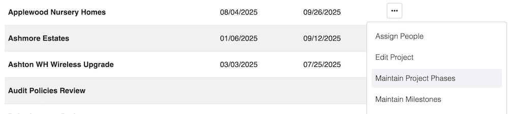 Project phases can be maintain via the project action menu in TeamBandit.