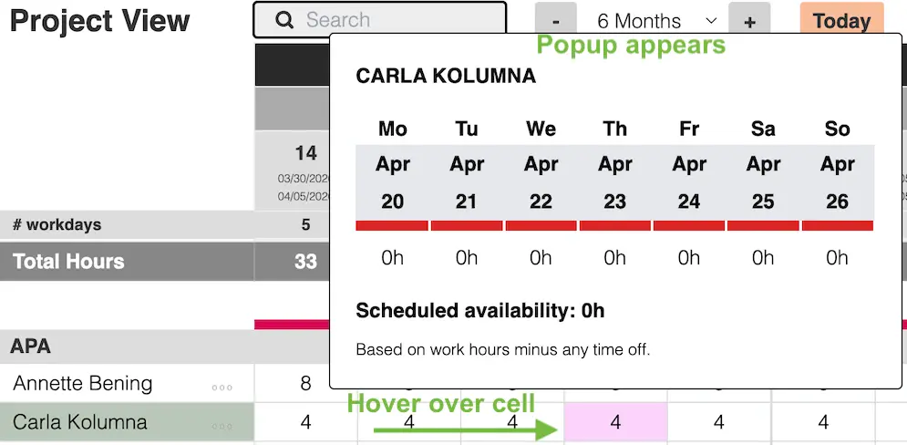 Availability details in the weekly calendar