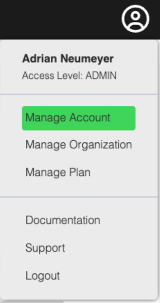 Click on the account button in the upper right corner to manage your Caperity account.