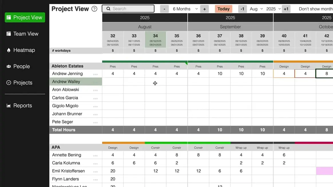 The Caperity software shows all your projects in one view, along with the assigned team members. You can also show milestones and project phases.