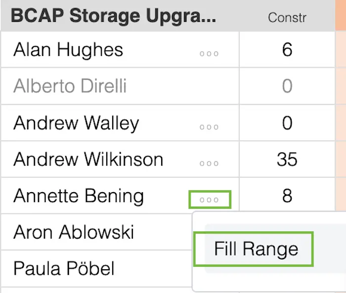 Accessing the range fill feature in the weekly calendar.