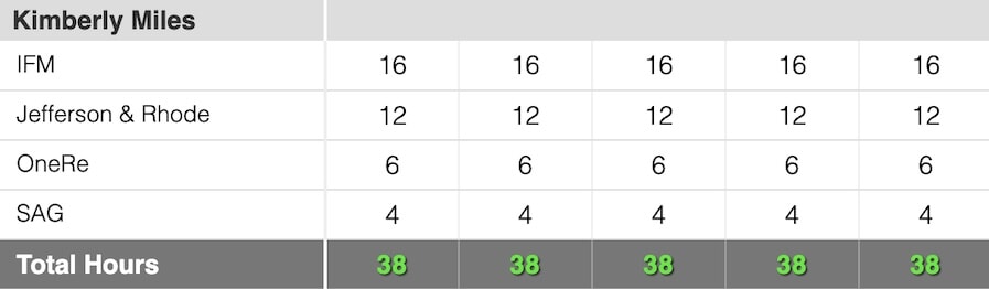 A team member who is scheduled for multiple projects with specific hours. The availability heatmap uses these hours to determine availability per team member, with respect to their available capacity.