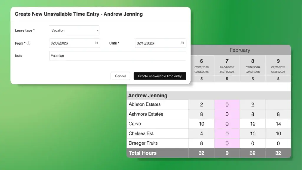 Caperity factors in holidays and individual time off to give you a complete picture of availability.
