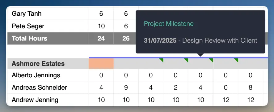 Design review milestone shown in the resource plan of an interior design team