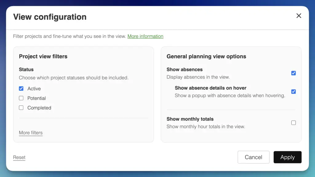 The view configuration dialog lets you control what projects are shown in the project view.