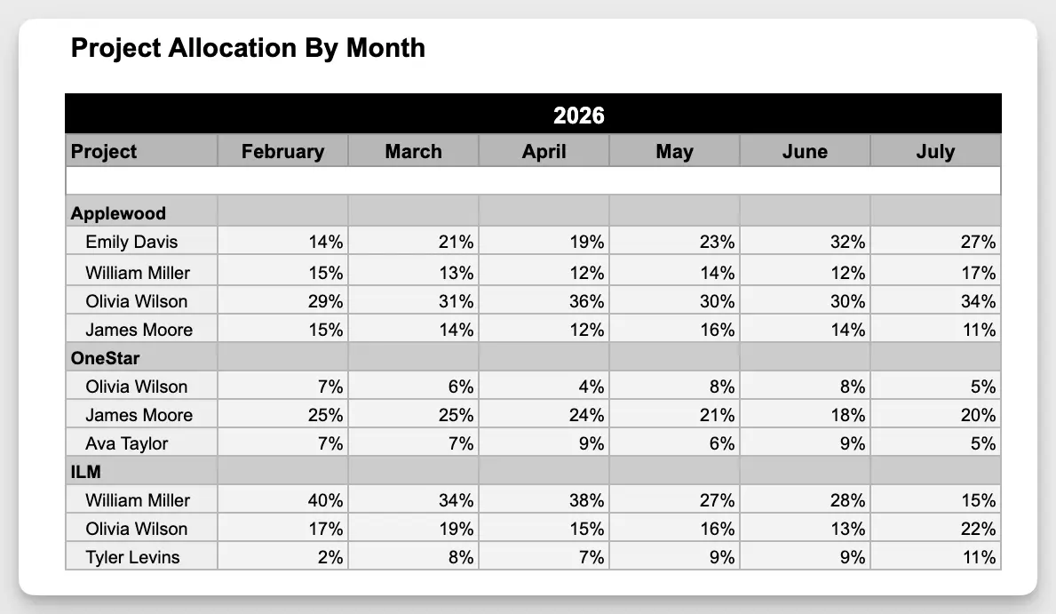 The project allocation report shows allocation by person and project, expressed as a percentage of individual capacity.