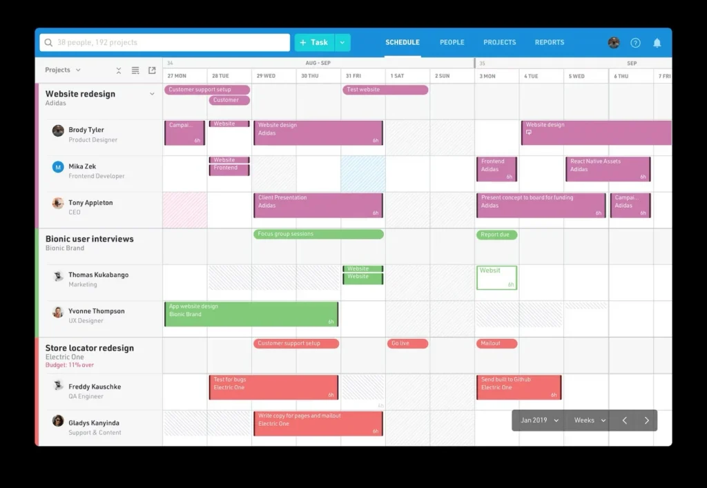 Float is a resource management software that supports weekly by week planning, however schedules are built using daily scheduling.