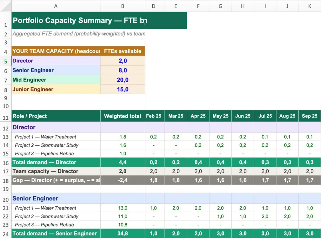 Plan resource demand by role across all your projects with this free FTE by month template. Covers backlog and pipeline, weighted by win probability. Download free.
